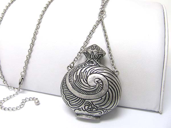 Textured metal perfume bottle pendant long necklace