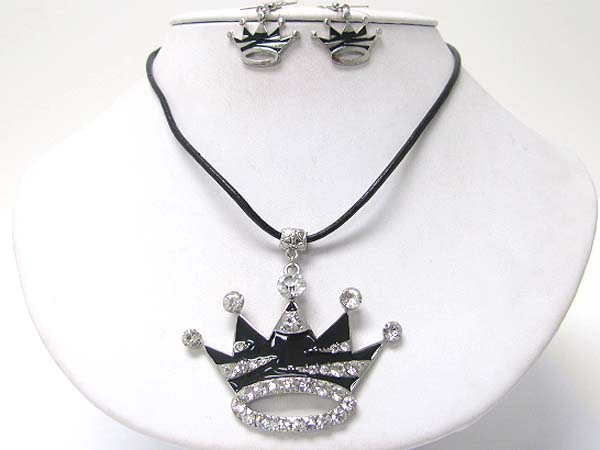 Crystal and enamel crown pendant necklace earring set