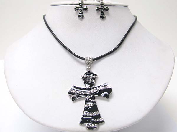 Crystal and enamel cross pendant necklace earring set