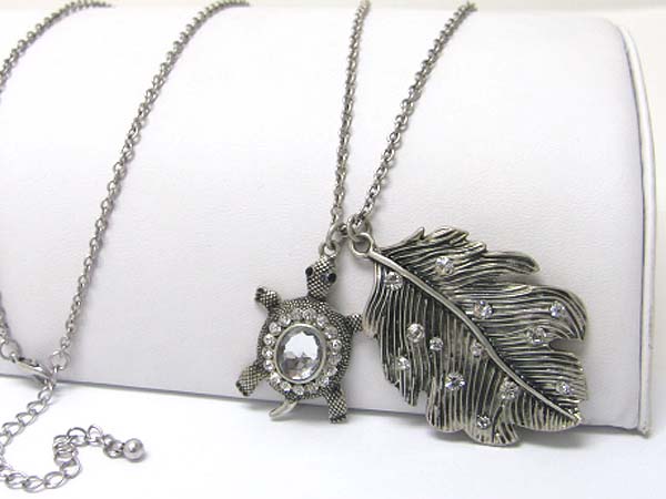 Crystalstud leaf and turtle pendant necklace earring set