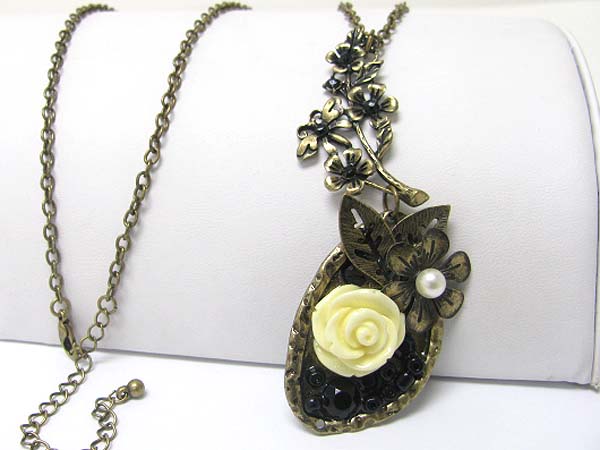 Pearl and acryl deco burnish metal flower pendant long necklace