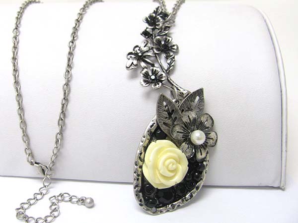 Pearl and acryl deco burnish metal flower pendant long necklace