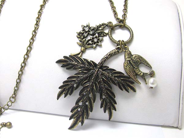 Pearl and acryl deco burnish metal leaves and bird pendant long necklace