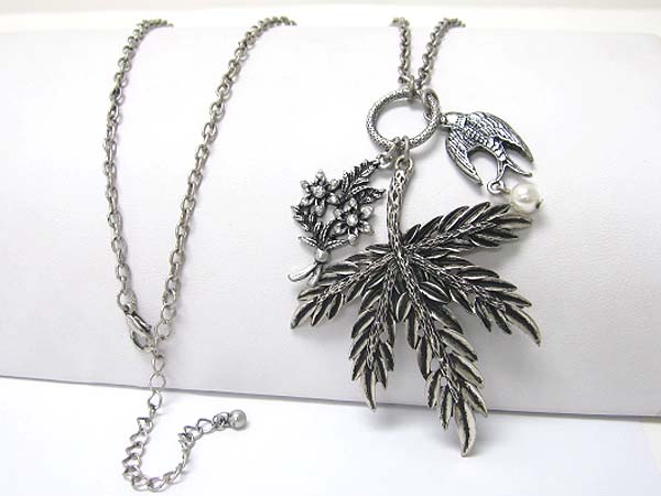 Pearl and acryl deco burnish metal leaves and bird pendant long necklace