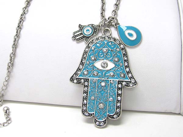 Crystal deco hamsa pendant long necklace