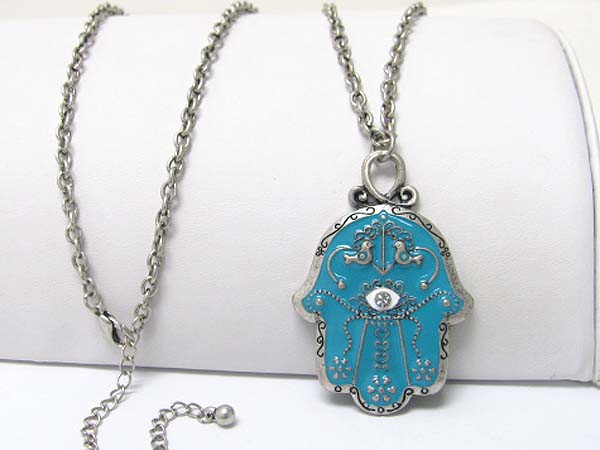 Crystal deco hamsa pendant long necklace