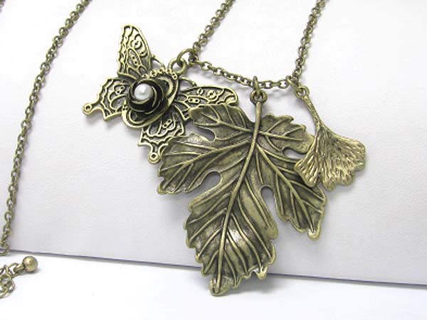 Burnish metal butterfly and leaves pendant long necklace