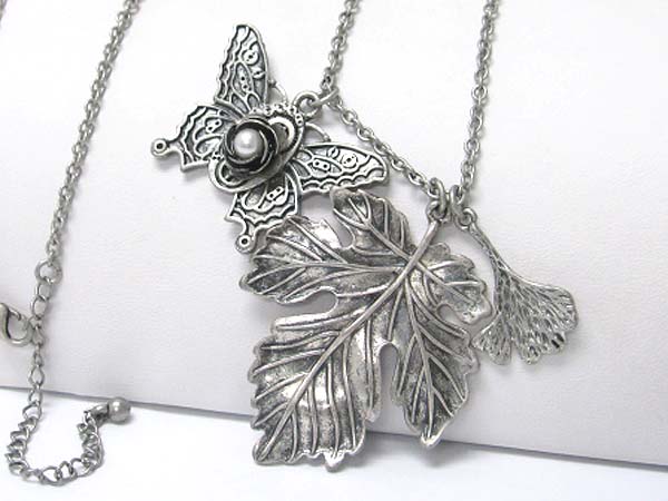 Burnish metal butterfly and leaves pendant long necklace