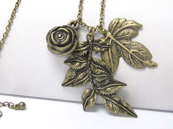 Burnish metal flower and leaves pendant long necklace