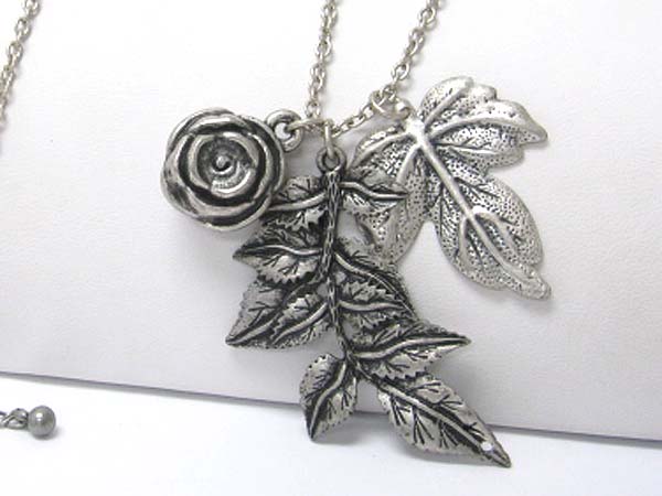 Burnish metal flower and leaves pendant long necklace