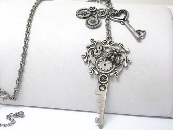 Burnish metal antique clock and key pendant long necklace