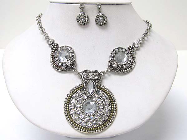 Crystal deco three round disk link necklace earring set