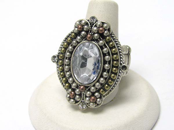 Crystal and and metal beads deco oval stretch ring