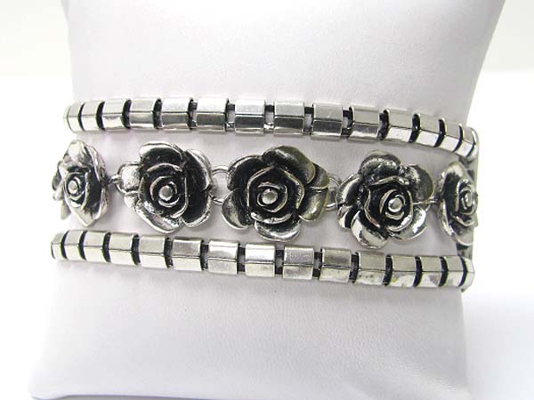 Double row metal bar and flower stretch bracelet