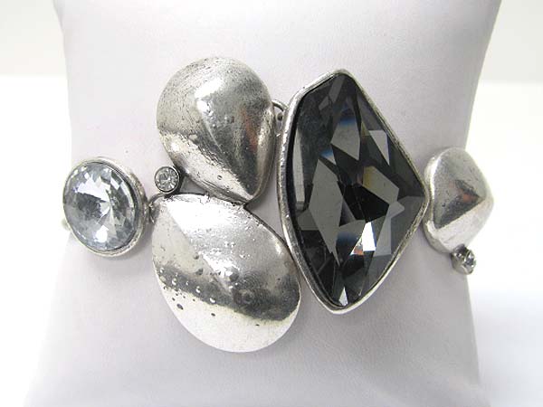 Architectural facet glass stone and crystal deco metal dfisk stretch bracelet