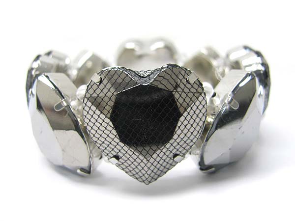 Mesh wrapped double row heart epoxy stone stretch bracelet