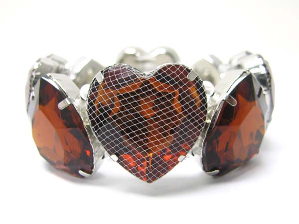 Mesh wrapped double row heart epoxy stone stretch bracelet