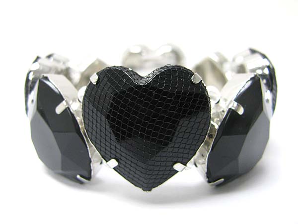 Mesh wrapped double row heart epoxy stone stretch bracelet