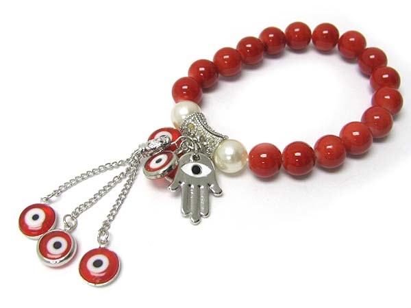 Evil eye and hamsa charm natural stone ball stretch bracelet