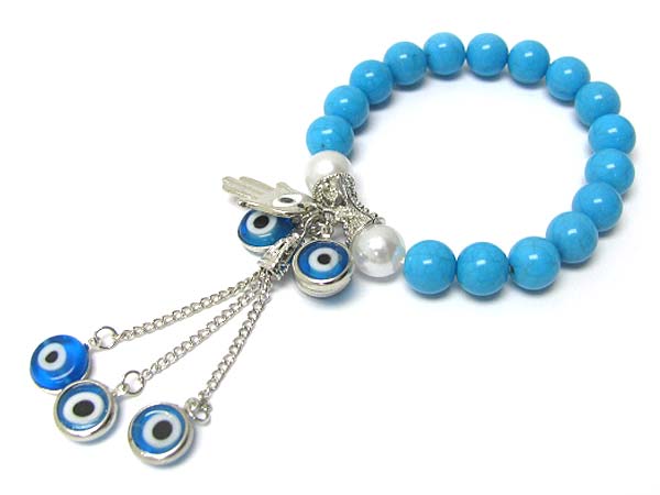 Evil eye and hamsa charm natural stone ball stretch bracelet