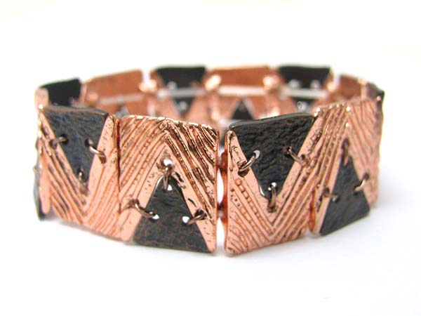 Two tone burnish textured metal disk link stretch bracelet?