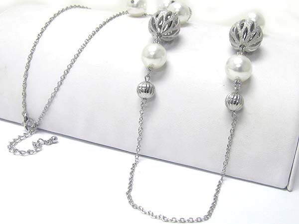 Pearl and filigree metal ball link long necklace earring set