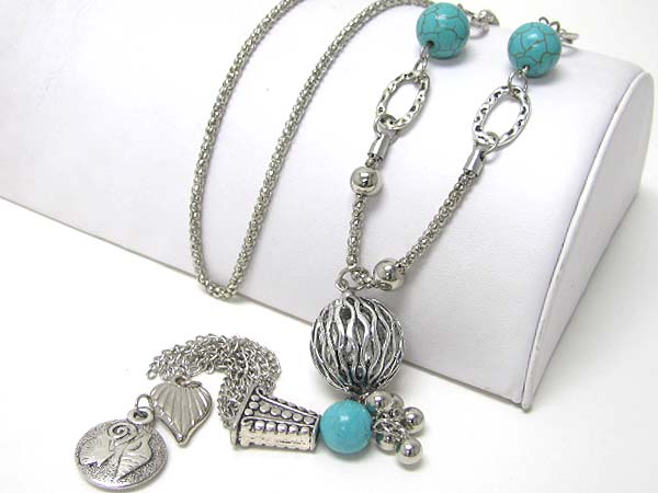 Turquoise stone ball and filigree metal deco long necklace 