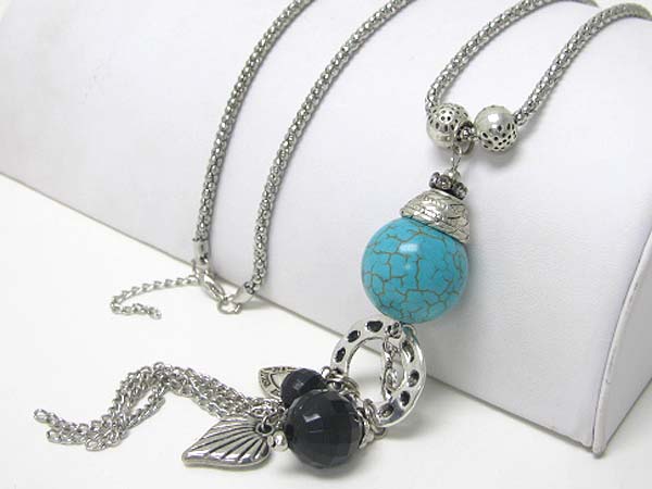 Turquoise stone ball and filigree metal deco long necklace