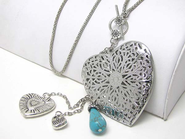 Turquoise stone and filigree metal heart long necklace