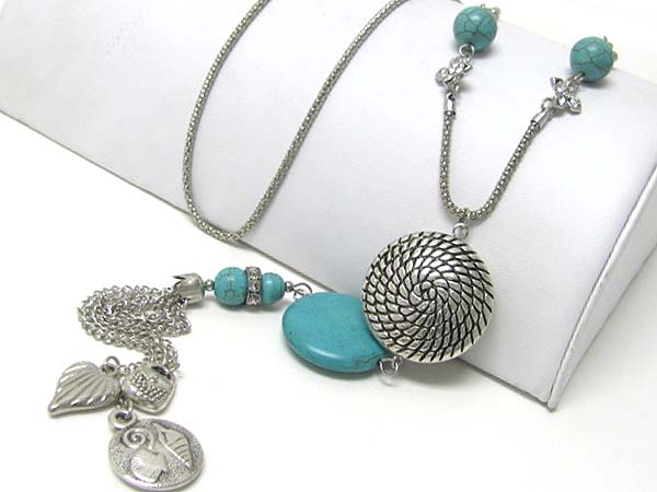 Turquoise stone and filigree metal deco long necklace 