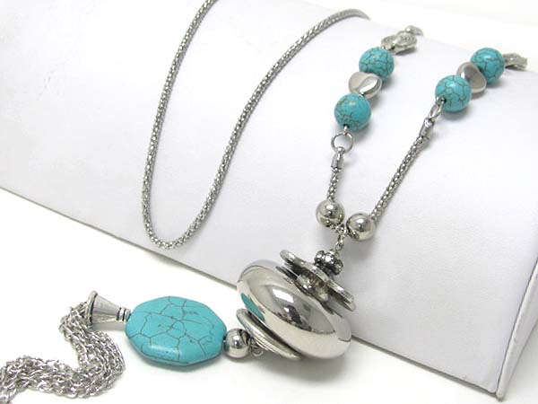 Turquoise stone and filigree metal deco long necklace