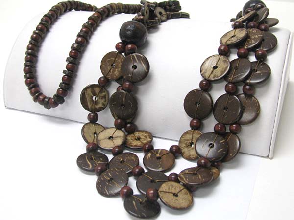 Coconut wood disk and ball link necklace