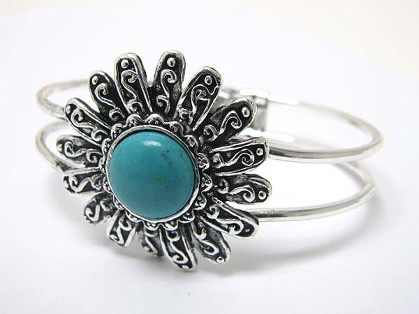 Turquoise stone mtal textured hinge bangle