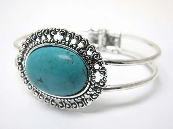 Turquoise stone mtal textured hinge bangle