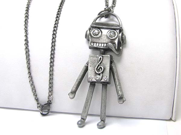 Burnish metal music robot puppet pendant long chain necklace