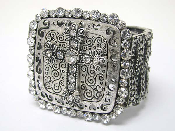 Crystal stud metal filigree cross top stretch bracelet