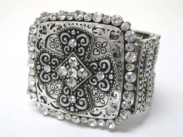 Crystal stud metal filigree cross top stretch bracelet