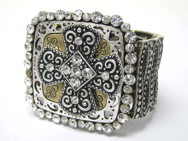 Crystal stud metal filigree cross top stretch bracelet