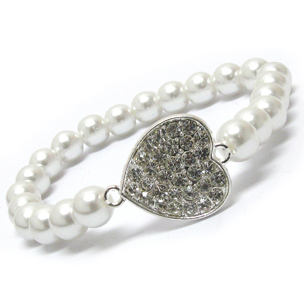 Crystal heart and pearl stretch bracelet