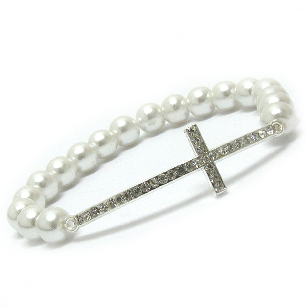 Crystal cross and pearl stretch bracelet