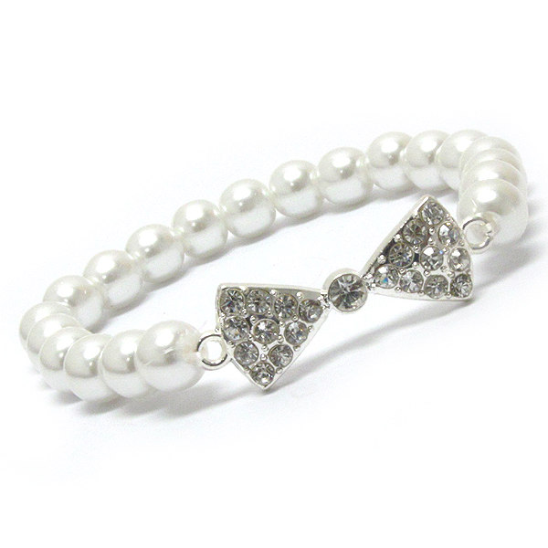 Crystal bow and pearl stretch bracelet