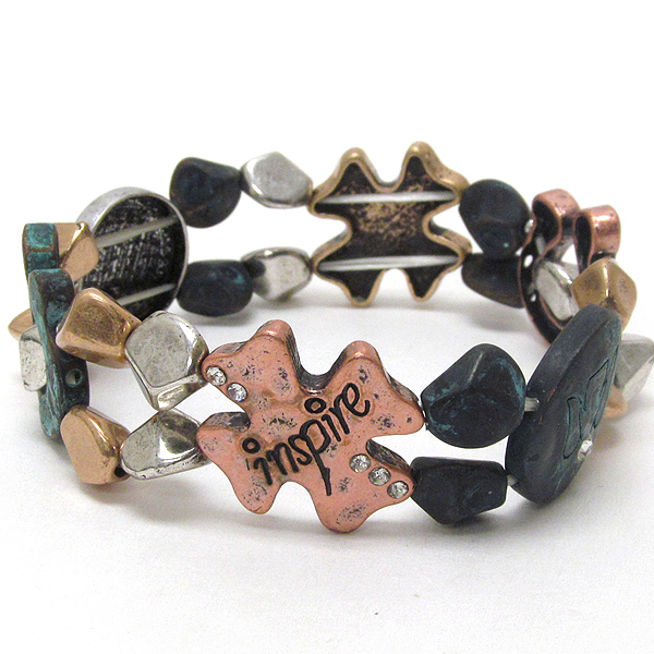 Crystal deco lucky theme and inspiration message patina stretch bracelet