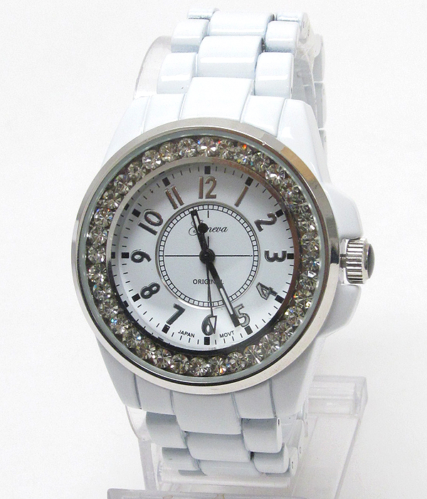 Designer inspired swarovski crystal round face and color metal band metal watch