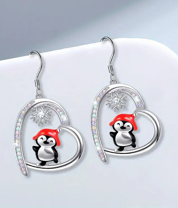 Christmas theme epoxy penguin heart earring