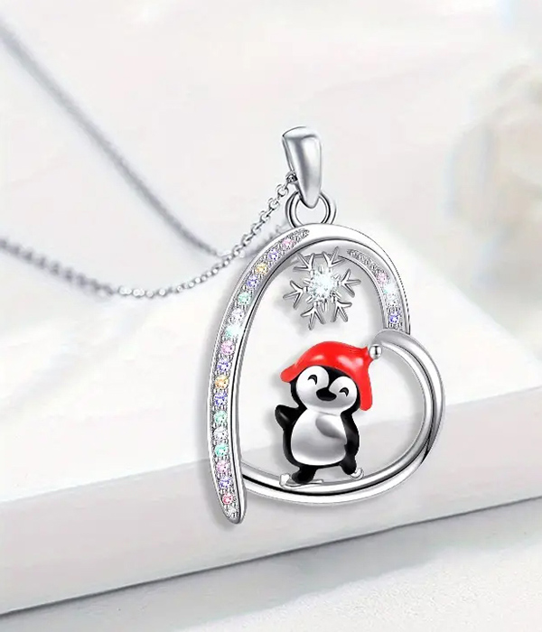 Christmas theme epoxy penguin heart pendant necklace