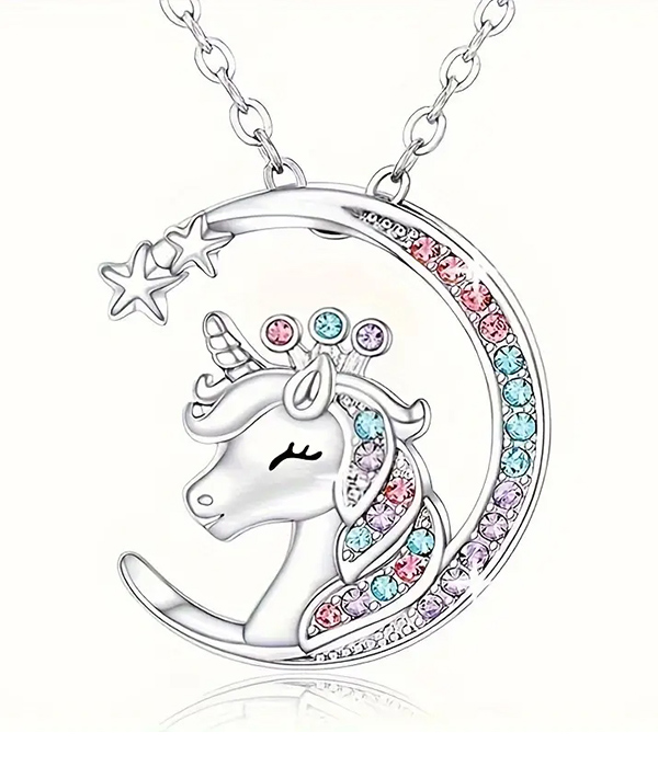 Crescent moon and unicorn pendant necklace