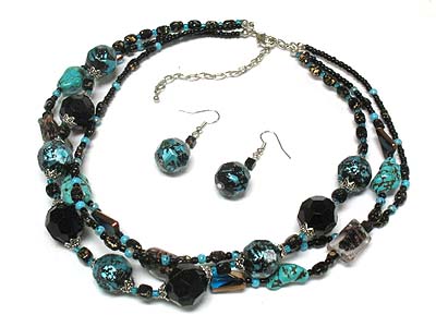 Turquoise and patina bead multi strands necklace and earring set