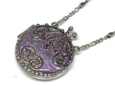 Crystal and epoxy deco round purse pendant necklace 