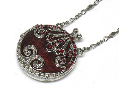 Crystal and epoxy deco round purse pendant necklace