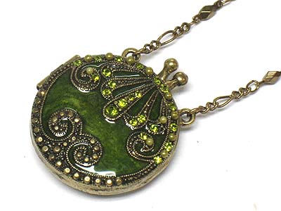 Crystal and epoxy deco round purse pendant necklace 